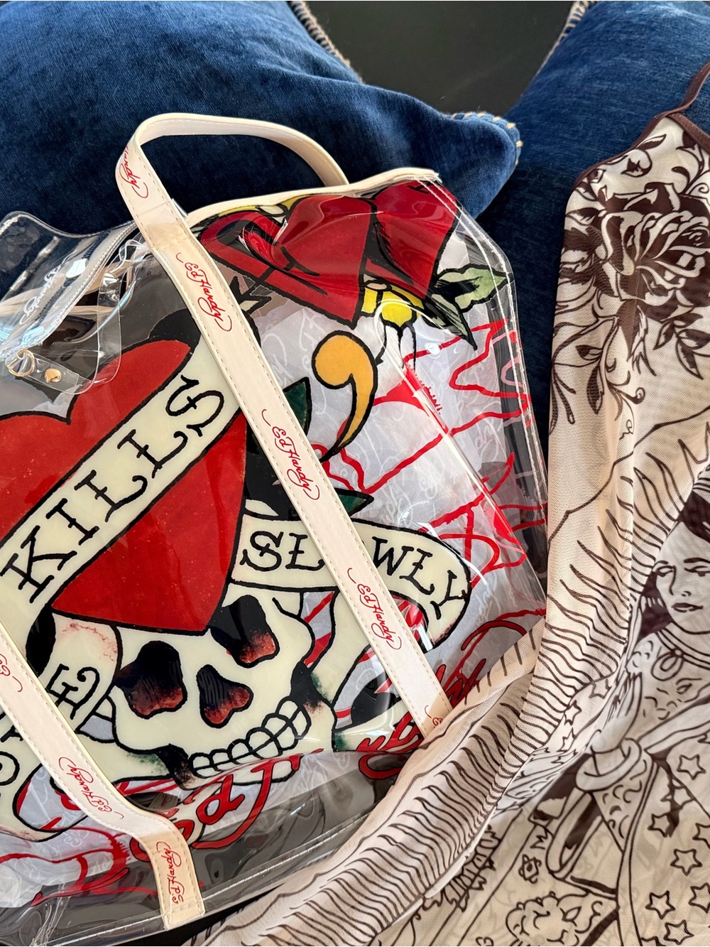 Ed Hardy Clear Tote with Red Heart & Skull Motif with Guadalupe swim dress sheer